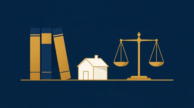 Tres libros de leyes, una pequeña casa y una balanza de la justicia dorada